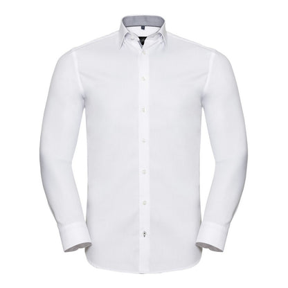 White-Silver - Front - Russell Collection Mens Long Sleeve Contrast Herringbone Shirt