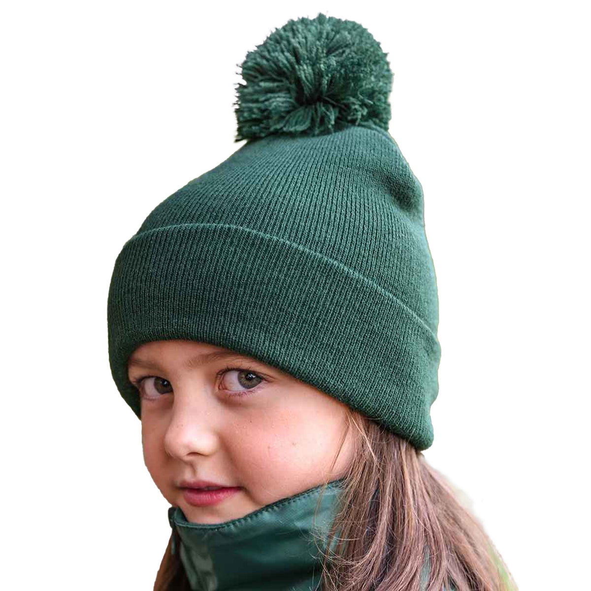 Bottle Green - Back - Result Childrens-Kids Pom Pom Beanie