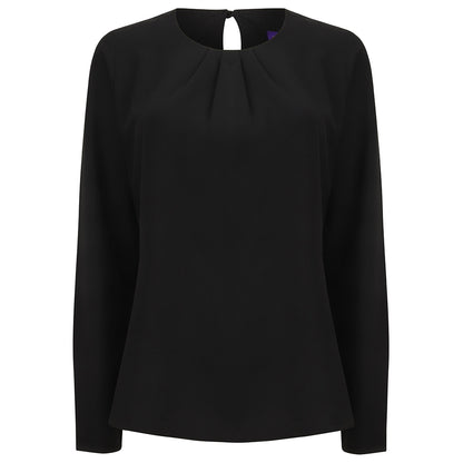 Black - Front - Henbury Womens-Ladies Pleat Front Long Sleeve Blouse
