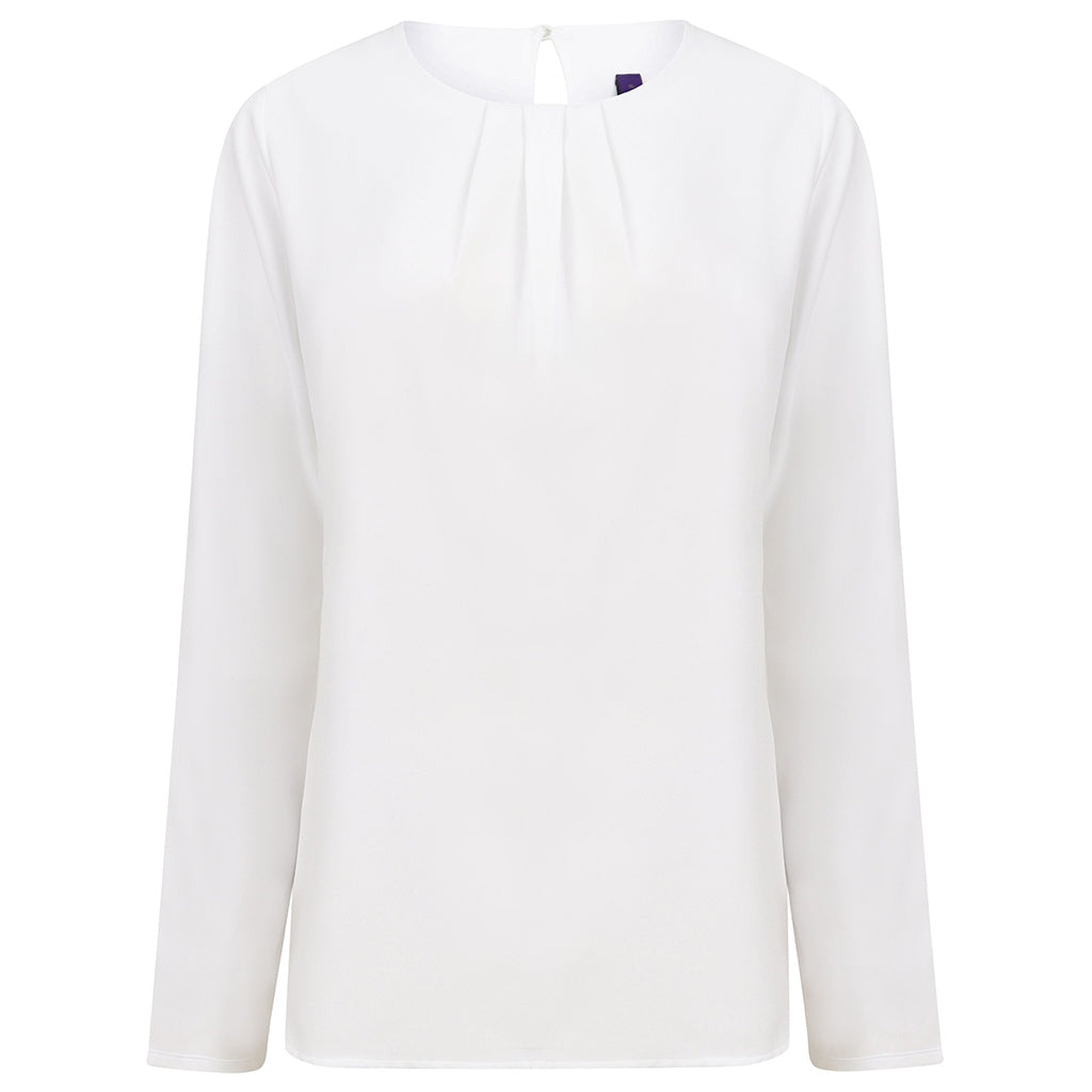 White - Front - Henbury Womens-Ladies Pleat Front Long Sleeve Blouse