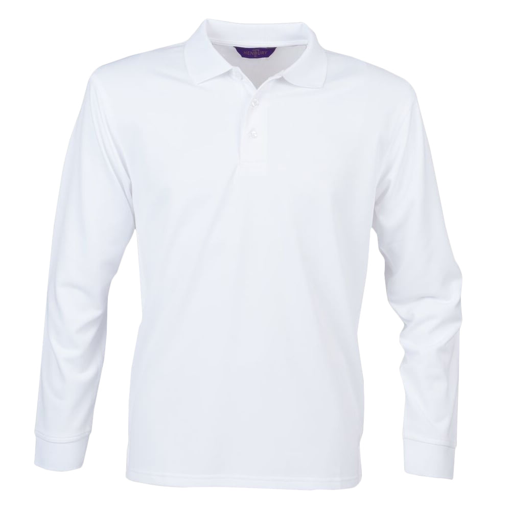 White - Front - Henbury Adults Unisex Long Sleeve Coolplus Piqu Polo Shirt