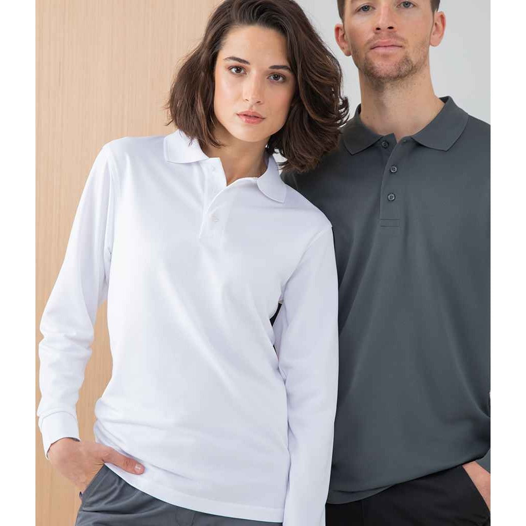 White - Side - Henbury Adults Unisex Long Sleeve Coolplus Piqu Polo Shirt