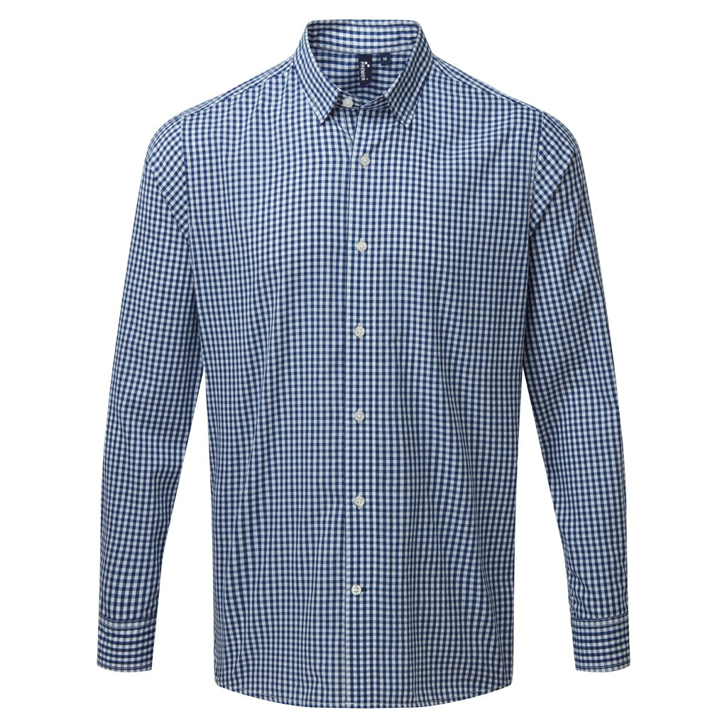 Navy-White - Front - Premier Mens Maxton Check Long Sleeve Shirt