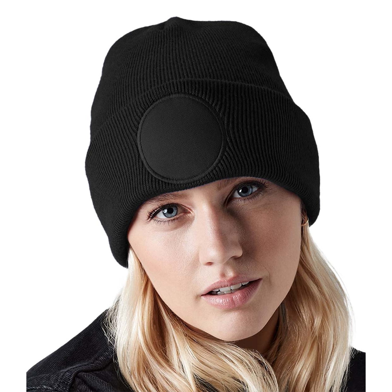 Black - Back - Beechfield Circular Patch Beanie