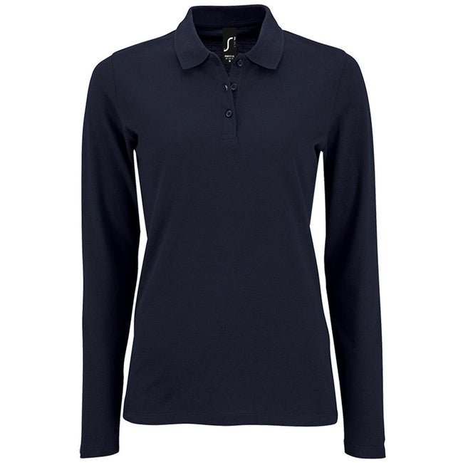 French Navy - Front - SOLS Womens-Ladies Perfect Long Sleeve Pique Polo Shirt