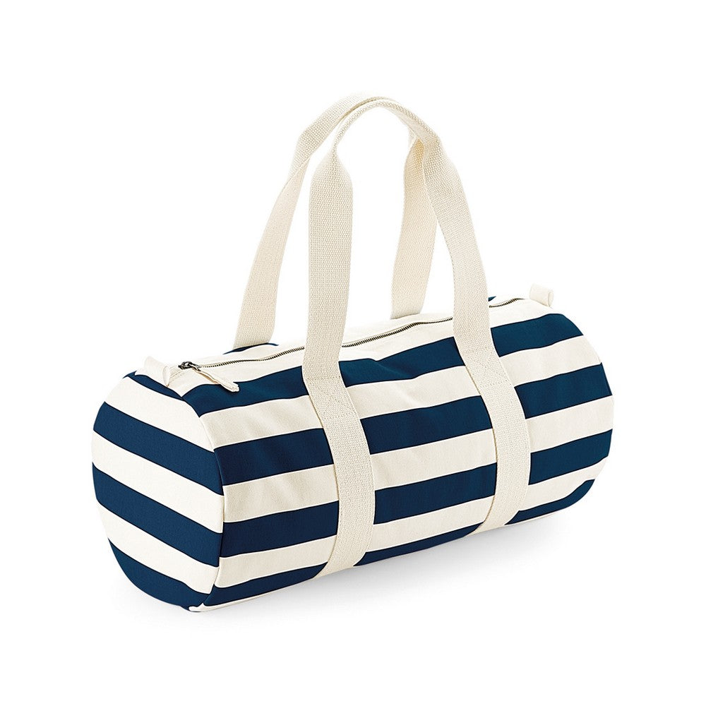 Natural-Navy - Front - Westford Mill Unisex Nautical Barrel Bag