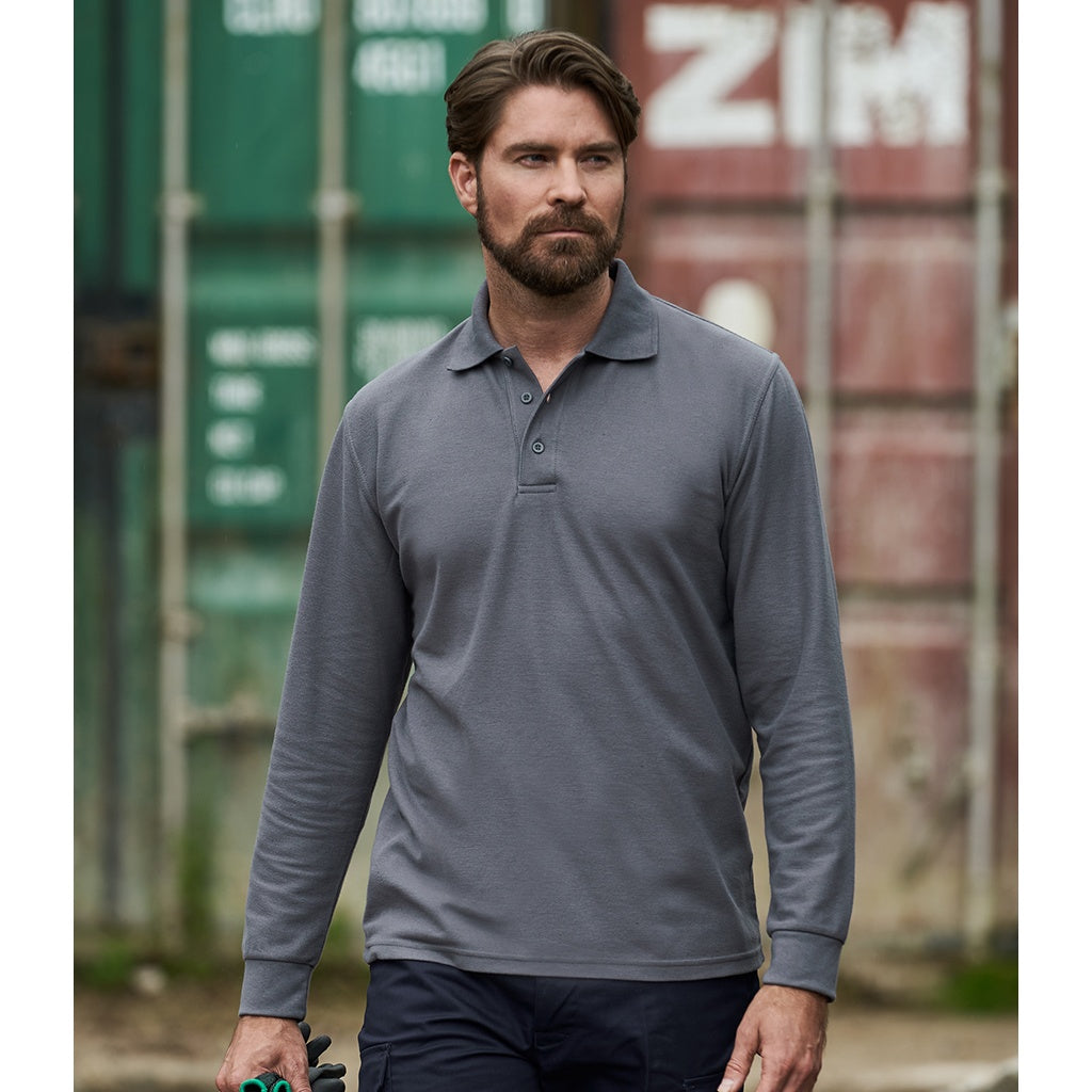 Solid Grey - Back - PRO RTX Mens Pro Piqué Long-Sleeved Polo Shirt