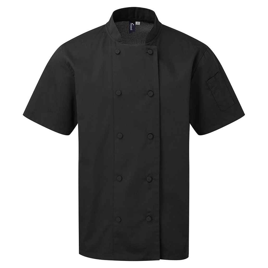Black - Front - Premier Unisex Adult Coolchecker Short-Sleeved Chef Jacket