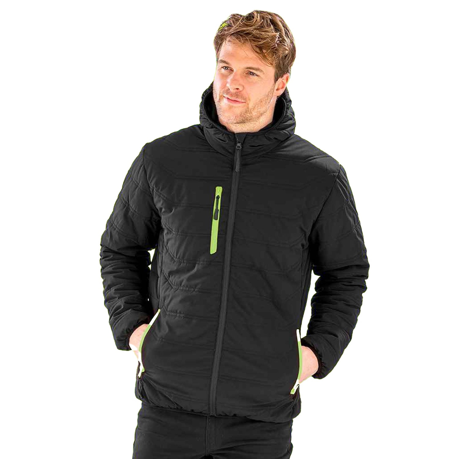 Black-Lime Green - Back - Result Genuine Recycled Mens Compass Padded Jacket