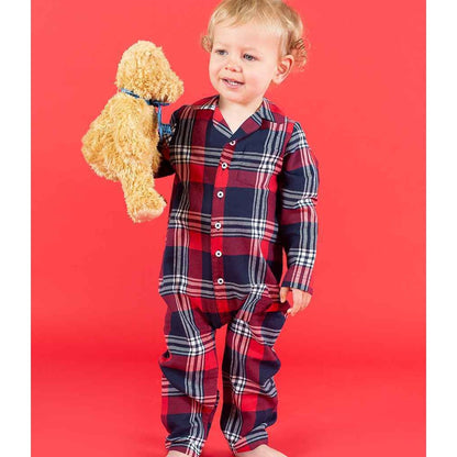 Red-Navy - Back - Larkwood Baby Tartan Sleepsuit