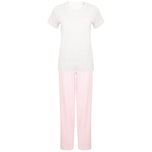 White-Pink - Front - Towel City Womens-Ladies Striped Long Pyjama Set