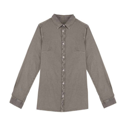 Pale Khaki - Front - Native Spirit Womens-Ladies Washed Long-Sleeved Shirt
