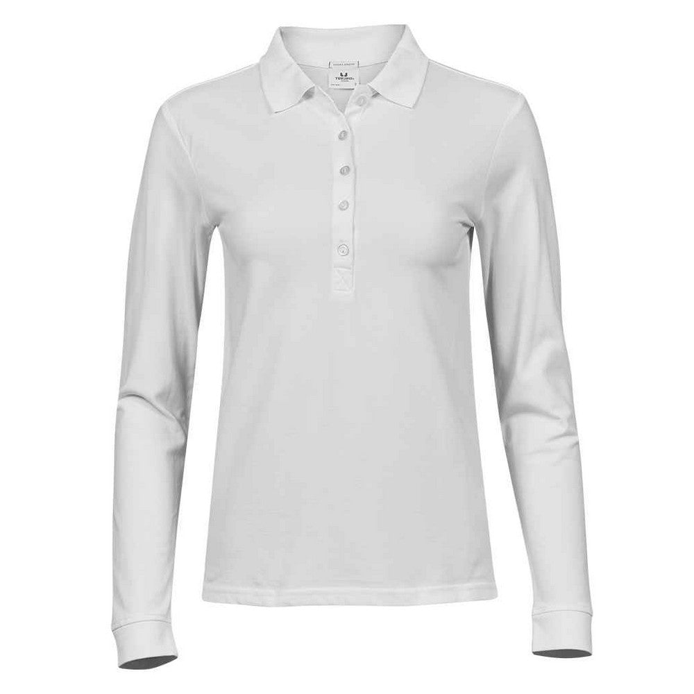 White - Front - Tee Jays Womens-Ladies Luxury Stretch Long-Sleeved Polo Shirt