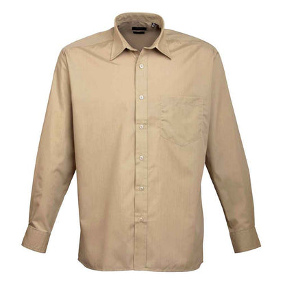 Khaki - Front - Premier Mens Poplin Long-Sleeved Shirt