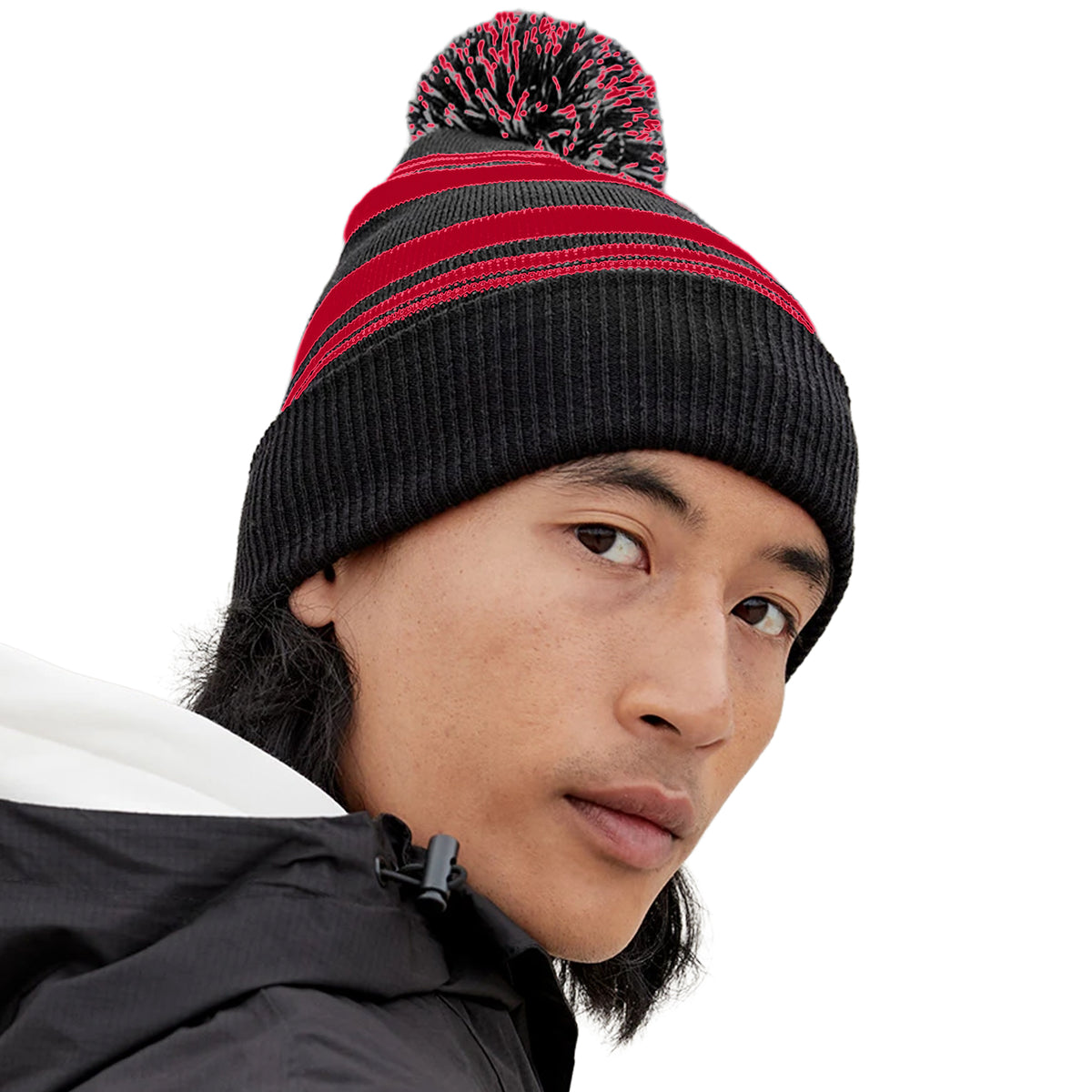 Black-Classic Red - Back - Beechfield Unisex Adult Fan Striped Beanie
