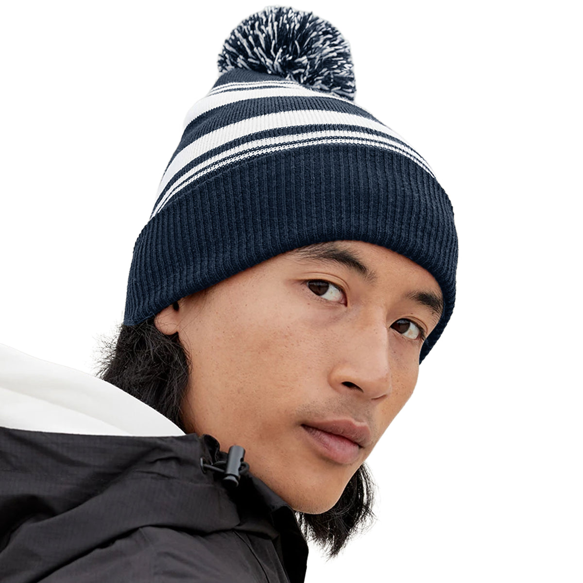 French Navy-White - Back - Beechfield Unisex Adult Fan Striped Beanie