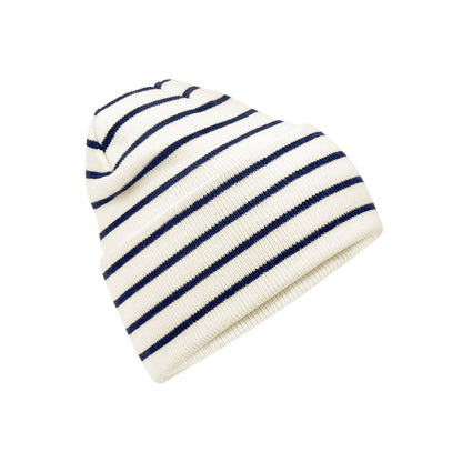 Soft White-French Navy - Front - Beechfield Unisex Adult Original Striped Deep Cuffed Beanie