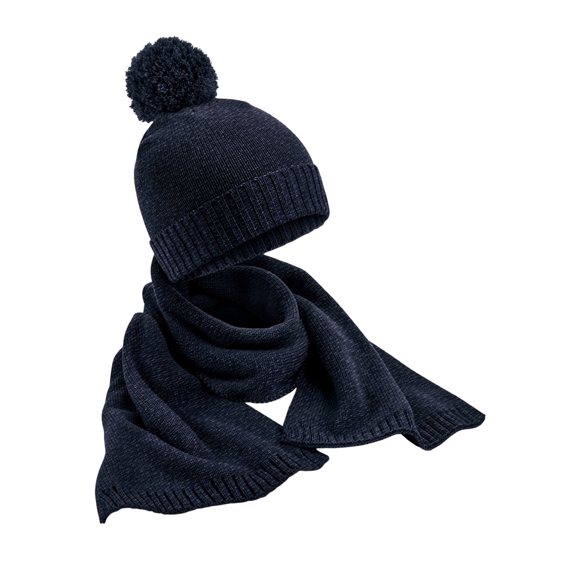 Navy - Front - Beechfield Unisex Adult Flecked Knitted Hat And Scarf Set