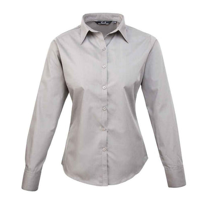 Silver - Front - Premier Womens-Ladies Long-Sleeved Shirt