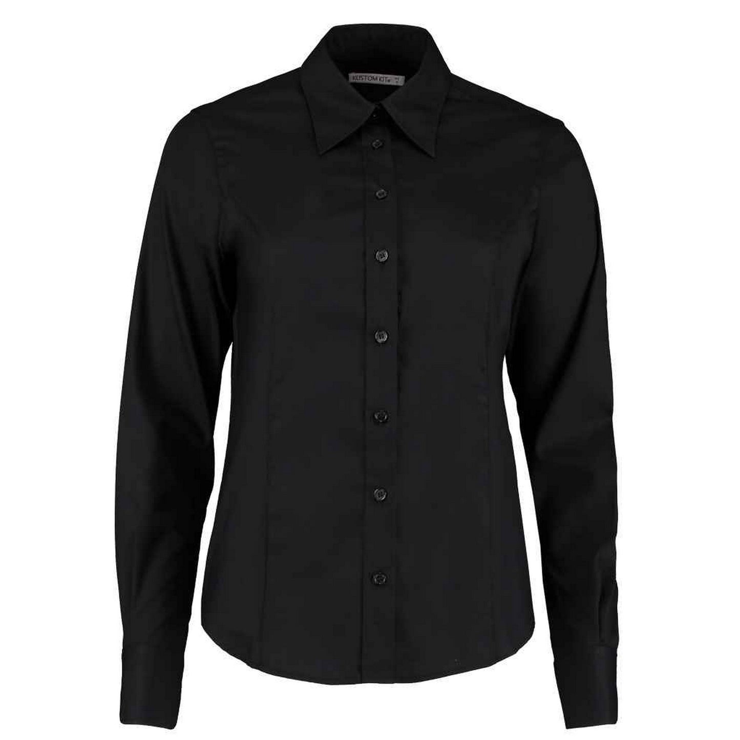Black - Front - Kustom Kit Womens-Ladies Premium Oxford Tailored Long-Sleeved Shirt