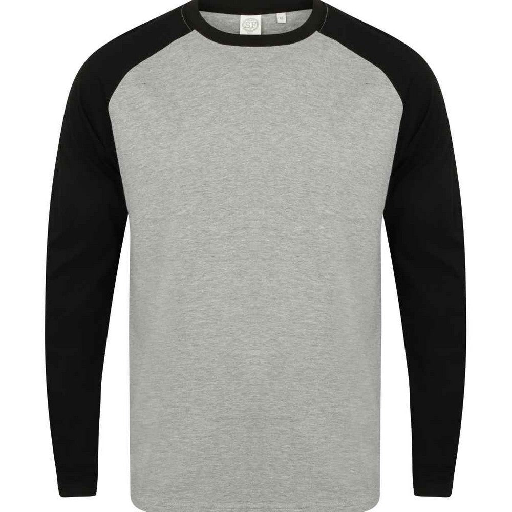Heather Grey-Black - Front - Skinni Fit Mens Long-Sleeved Baseball T-Shirt