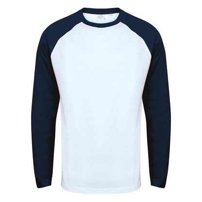 White-Oxford Navy - Front - Skinni Fit Mens Long-Sleeved Baseball T-Shirt