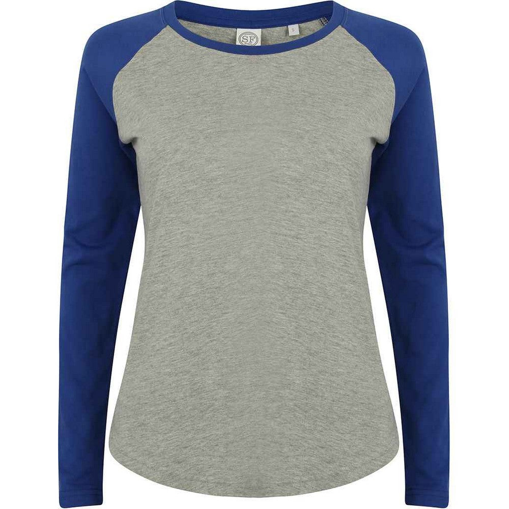 Heather Grey-Royal Blue - Front - SF Womens-Ladies Heather Long-Sleeved Baseball T-Shirt