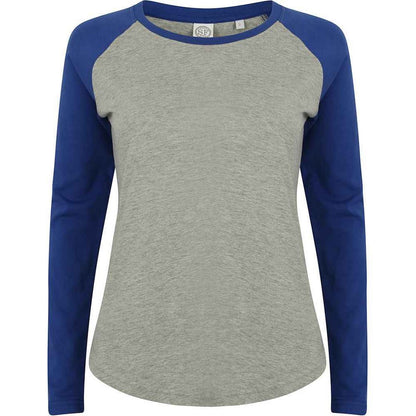 Heather Grey-Royal Blue - Front - SF Womens-Ladies Heather Long-Sleeved Baseball T-Shirt