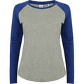 Heather Grey-Royal Blue - Front - SF Womens-Ladies Heather Long-Sleeved Baseball T-Shirt