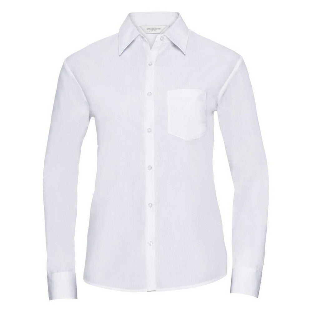 White - Front - Russell Collection Womens-Ladies Poplin Easy-Care Long-Sleeved Formal Shirt