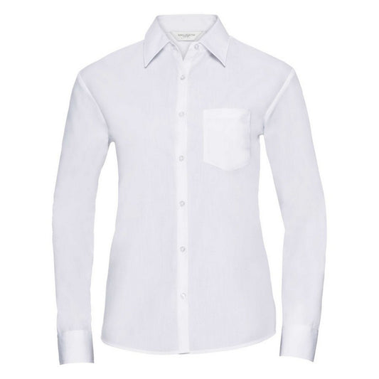 White - Front - Russell Collection Womens-Ladies Poplin Easy-Care Long-Sleeved Formal Shirt