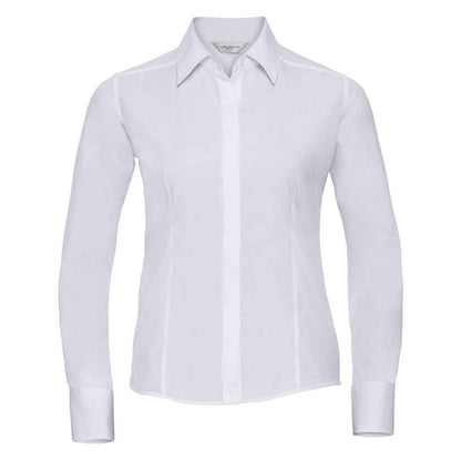 White - Front - Russell Collection Womens-Ladies Poplin Fitted Long-Sleeved Formal Shirt