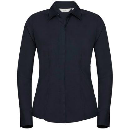 Black - Front - Russell Collection Womens-Ladies Poplin Fitted Long-Sleeved Formal Shirt