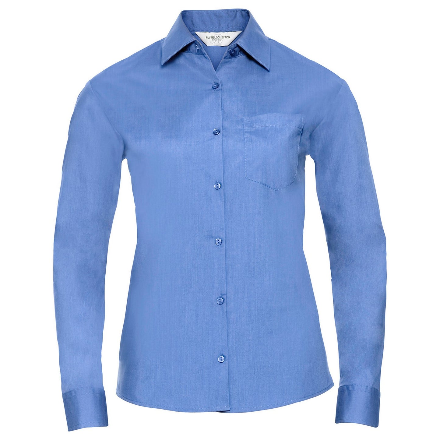 Corporate Blue - Front - Russell Collection Womens-Ladies Poplin Easy-Care Long-Sleeved Formal Shirt