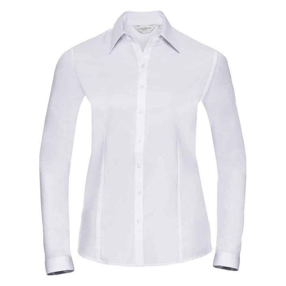 White - Front - Russell Collection Womens-Ladies Herringbone Long-Sleeved Formal Shirt