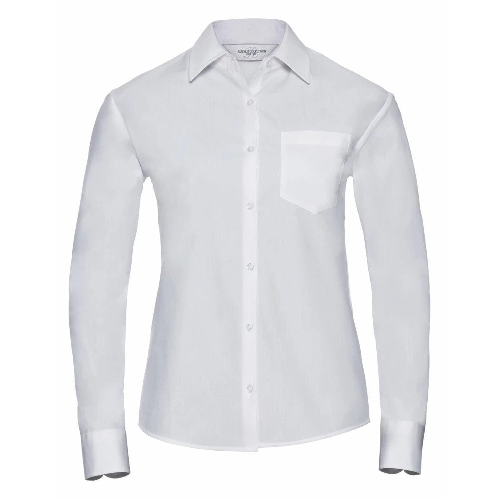 White - Front - Russell Collection Womens-Ladies Cotton Poplin Easy-Care Long-Sleeved Formal Shirt