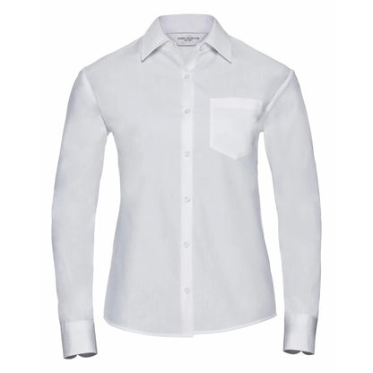 White - Front - Russell Collection Womens-Ladies Cotton Poplin Easy-Care Long-Sleeved Formal Shirt