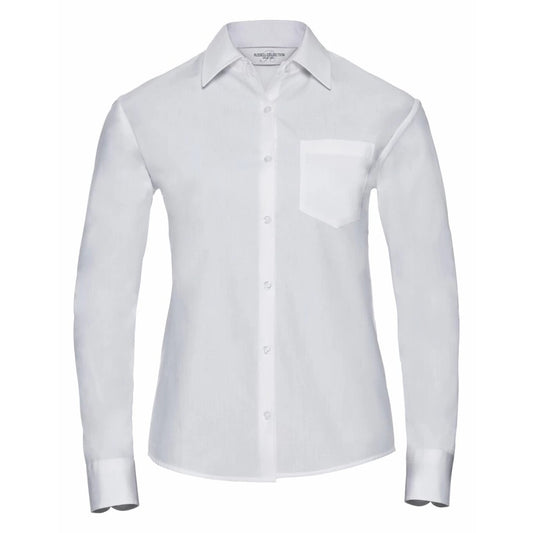 White - Front - Russell Collection Womens-Ladies Cotton Poplin Easy-Care Long-Sleeved Formal Shirt