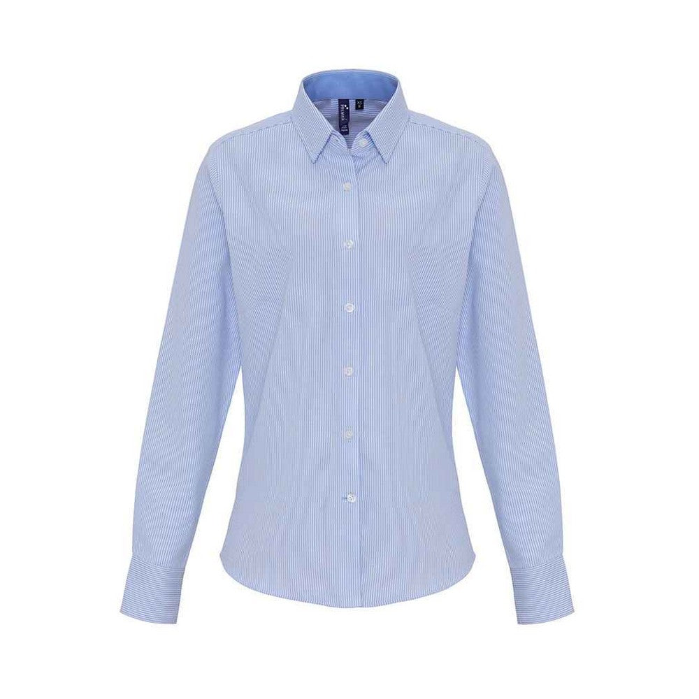 White-Oxford Blue - Front - Premier Womens-Ladies Striped Oxford Long-Sleeved Formal Shirt