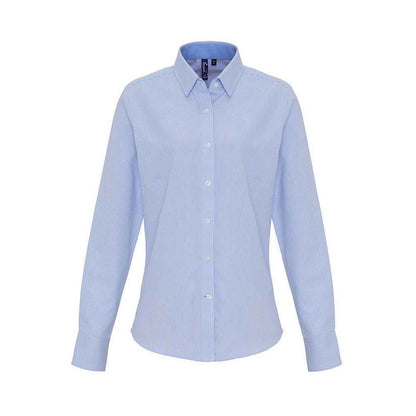 White-Oxford Blue - Front - Premier Womens-Ladies Striped Oxford Long-Sleeved Formal Shirt