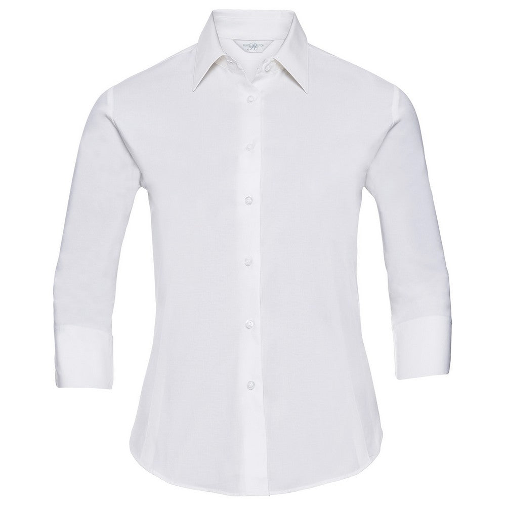 White - Front - Russell Collection Womens-Ladies Easy-Care Fitted 3-4 Sleeve Formal Shirt