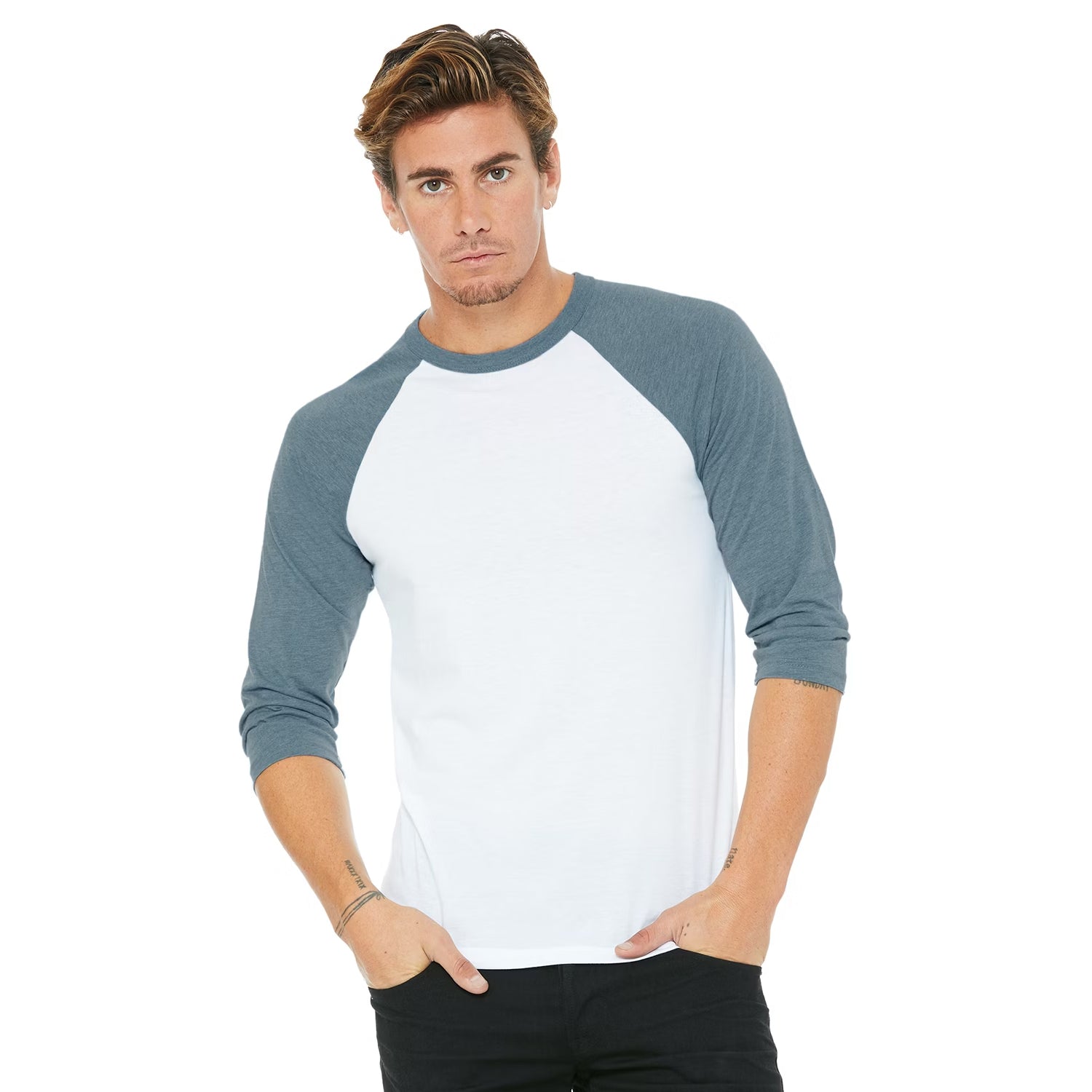 White-Denim - Side - Bella + Canvas Unisex Adult Triblend 3-4 Sleeve Baseball T-Shirt