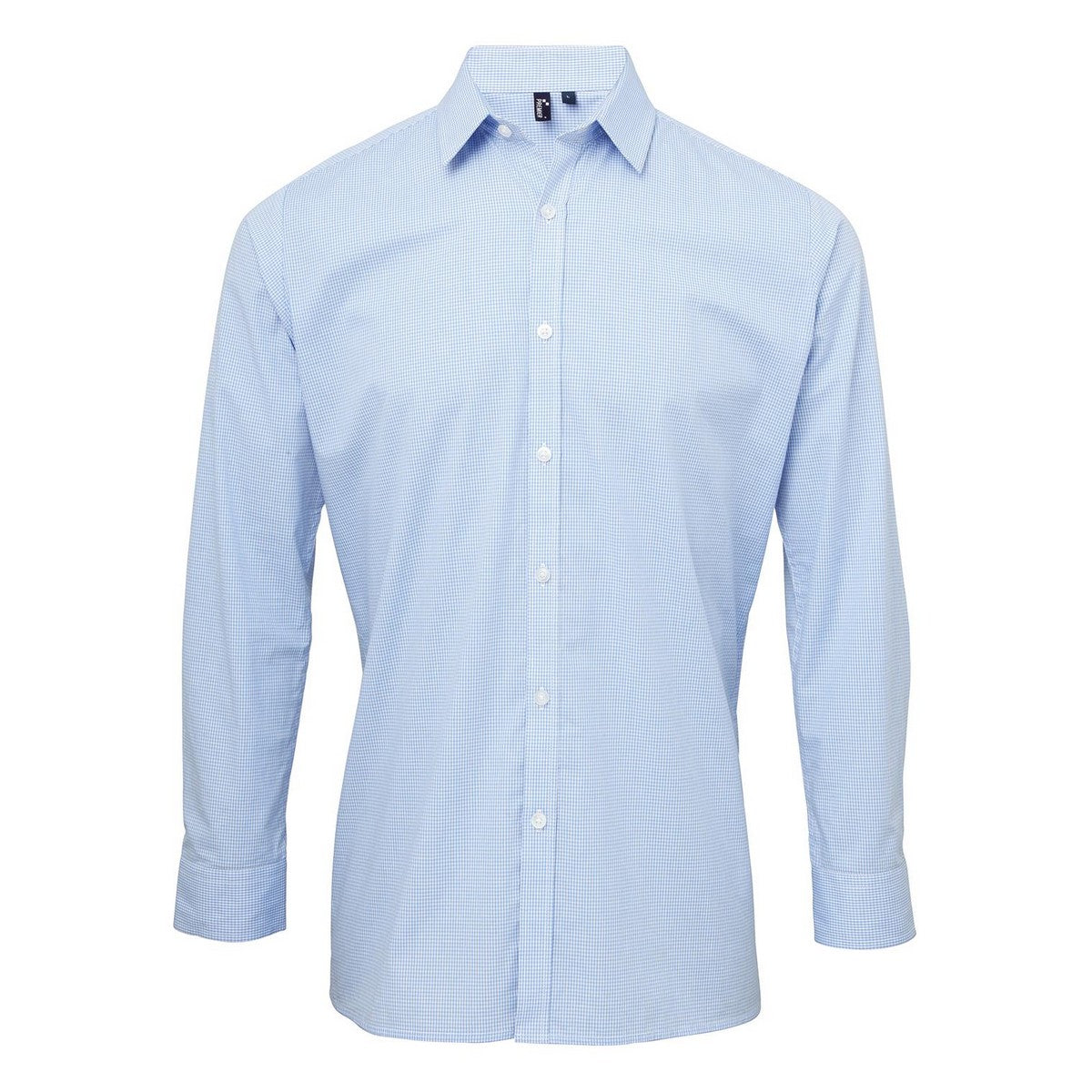 Light Blue-White - Front - Premier Mens Gingham Long-Sleeved Shirt