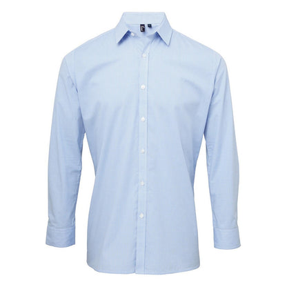 Light Blue-White - Front - Premier Mens Gingham Long-Sleeved Shirt