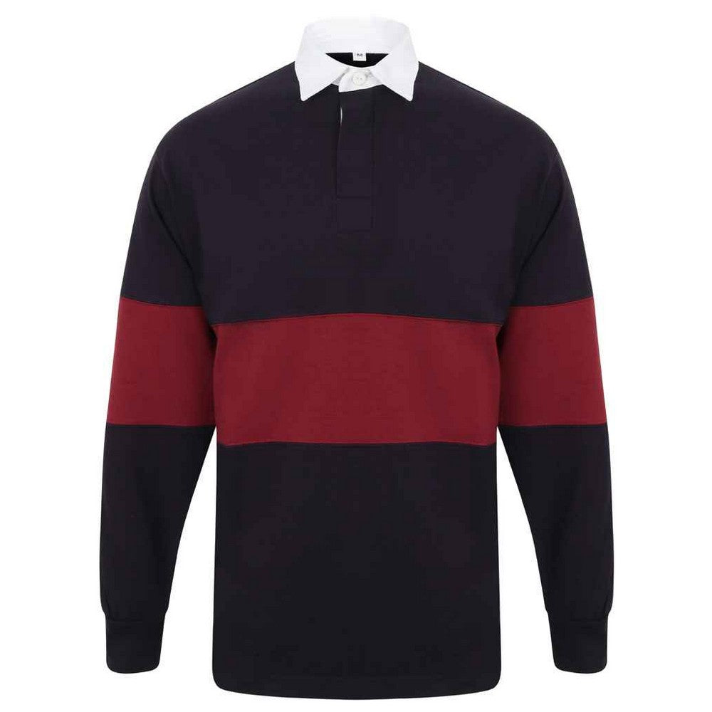 Navy-Burgundy - Front - Front Row Unisex Adult Panelled Rugby Shirt