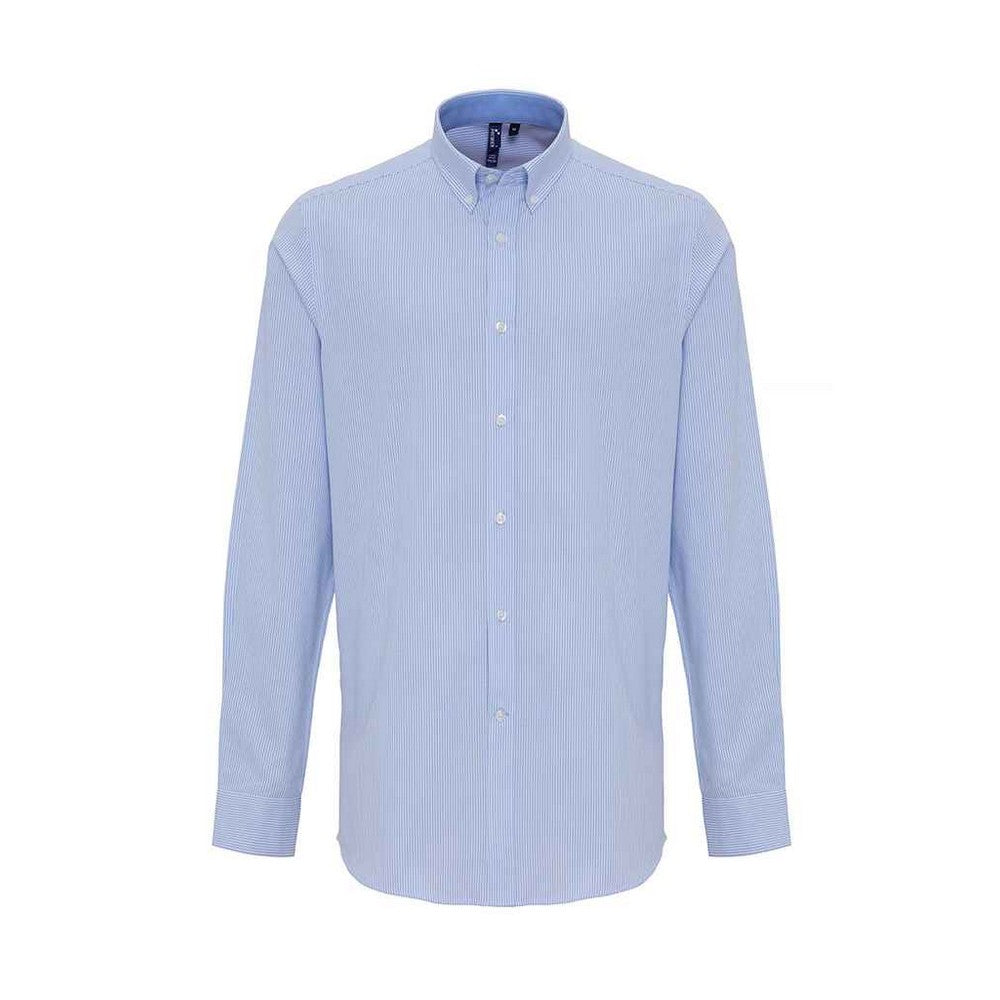 White-Oxford Blue - Front - Premier Mens Striped Oxford Long-Sleeved Shirt