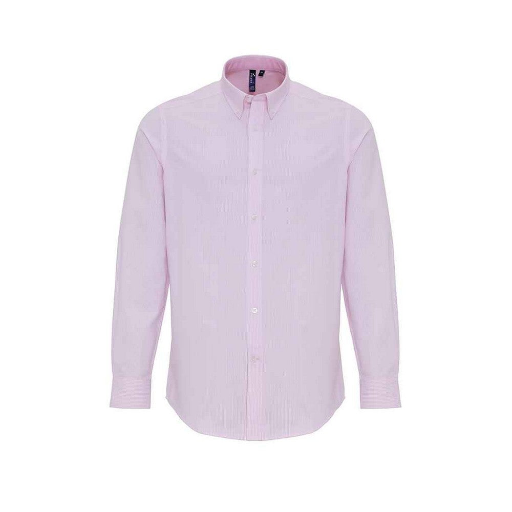 White-Pink - Front - Premier Mens Striped Oxford Long-Sleeved Shirt