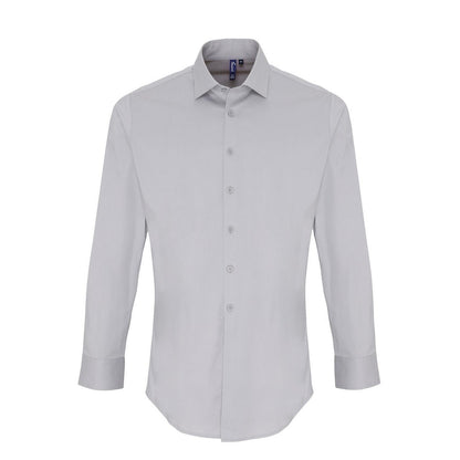 Silver - Front - Premier Unisex Adult Poplin Stretch Long-Sleeved Shirt