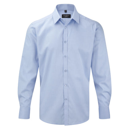 Light Blue - Front - Russell Collection Mens Herringbone Long-Sleeved Shirt