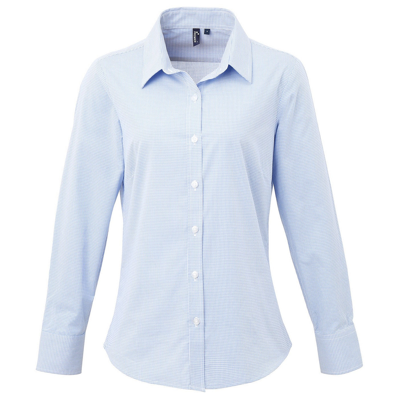 Light Blue-White - Front - Premier Womens-Ladies Gingham Long-Sleeved Shirt
